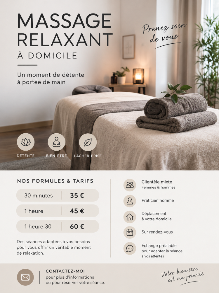 Massage relaxant à domicile – Un moment rien que pour vous - Paris - Annonce Concept